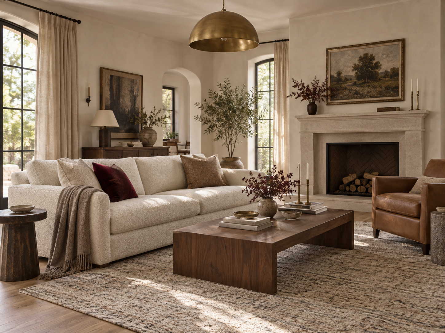 A warm living room with ivory seating and walnut furniture